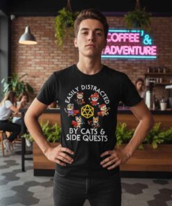 Funny D20 Easily Distracted by Cats shirt featuring a Dungeons and Dragons dice graphic with playful cat humor, perfect for tabletop RPG players, DnD gamers, fantasy lovers, and nerdy cat owners.