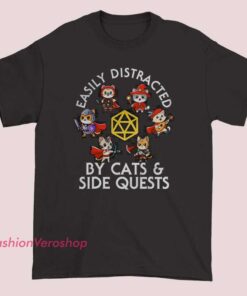 Funny D20 Easily Distracted by Cats shirt featuring a Dungeons and Dragons dice graphic with playful cat humor, perfect for tabletop RPG players, DnD gamers, fantasy lovers, and nerdy cat owners.