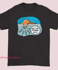 Funny French Seal Get the Phoque Out Shirt featuring cute seal cartoon graphic, French wordplay pun design, humorous animal meme t-shirt, novelty graphic tee, unisex casual streetwear apparel.
