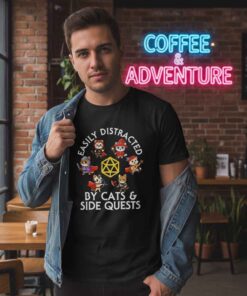 Funny D20 Easily Distracted by Cats Shirt 6 Funny D20 Easily Distracted by Cats shirt featuring a Dungeons and Dragons dice graphic with playful cat humor, perfect for tabletop RPG players, DnD gamers, fantasy lovers, and nerdy cat owners.