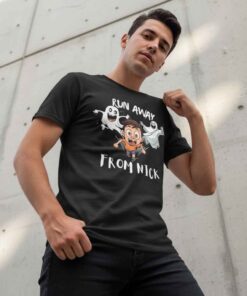 Run Away Nick Fuentes Merch Graphic Shirt featuring bold print design, unisex political humor tee, trending streetwear statement shirt for fans, available in multiple sizes.