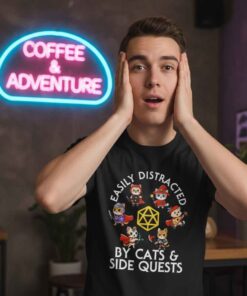 Funny D20 Easily Distracted by Cats Shirt 7 Funny D20 Easily Distracted by Cats shirt featuring a Dungeons and Dragons dice graphic with playful cat humor, perfect for tabletop RPG players, DnD gamers, fantasy lovers, and nerdy cat owners.