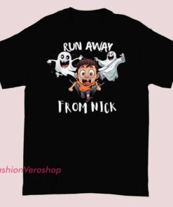 Run Away Nick Fuentes Merch Graphic Shirt featuring bold print design, unisex political humor tee, trending streetwear statement shirt for fans, available in multiple sizes.