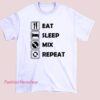 Funny Eat Sleep Mix DJ Repeat Icons Shirt featuring simple DJ lifestyle icons and a playful slogan. Trendy DJ graphic tee for music lovers, club DJs, EDM fans, and electronic music producers, perfect for casual streetwear and party outfits.