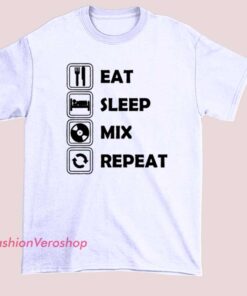 Funny Eat Sleep Mix DJ Repeat Icons Shirt featuring simple DJ lifestyle icons and a playful slogan. Trendy DJ graphic tee for music lovers, club DJs, EDM fans, and electronic music producers, perfect for casual streetwear and party outfits.