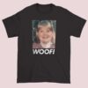 Vintage Portrait Woof Buzz's Girlfriend Shirt with funny retro portrait dog graphic printed on cotton short sleeve tee, nostalgic meme inspired apparel in black or white casual wear