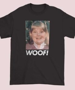 Vintage Portrait Woof Buzz's Girlfriend Shirt with funny retro portrait dog graphic printed on cotton short sleeve tee, nostalgic meme inspired apparel in black or white casual wear