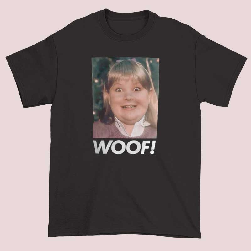 Vintage Portrait Woof Buzz's Girlfriend Shirt 1 Vintage Portrait Woof Buzz's Girlfriend Shirt with funny retro portrait dog graphic printed on cotton short sleeve tee, nostalgic meme inspired apparel in black or white casual wear