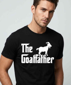 Funny Parody The Goatfather Icon Movie Shirt graphic cotton tee with humorous movie inspired artwork, vintage cinema style, casual streetwear fashion, and short sleeve fit.