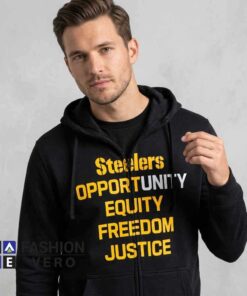Black & Gold Steelers Justice Graphic Design cotton shirt featuring bold football inspired artwork, social justice theme, fan apparel, casual graphic tee for men and women.