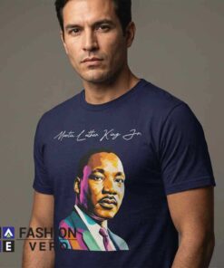 Modern Stylized Icon Dr. Martin Luther King Jr. Shirt featuring contemporary portrait artwork, civil rights inspiration, meaningful graphic design, cotton short sleeve shirt for casual everyday wear.