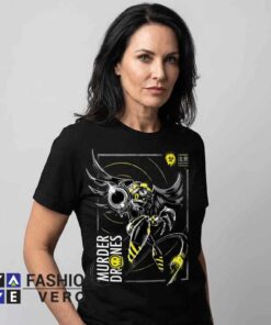 Murder Drones merch cartoon shirt featuring a funny robot inspired graphic on premium cotton short sleeve tee, perfect for animation fans, sci fi lovers, casual streetwear, and everyday fashion.