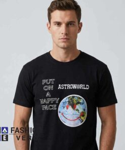 Astroworld Earth Smiley Graphic Tee Design Shirt featuring an Earth smiley graphic on premium cotton fabric. Streetwear inspired short sleeve tee in black, white, and other colors.