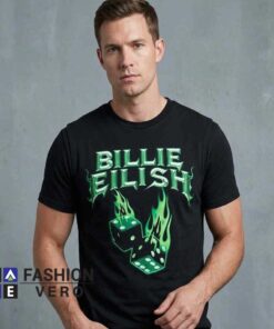Billie Eilish Green Dice T-Shirt Design featuring green dice inspired graphic artwork, alternative pop music aesthetic, bold streetwear style, cotton short sleeve tee for casual fashion.