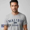 Classic Malibu California graphic shirt featuring retro coastal typography, California beach style, cotton short sleeve tee, relaxed West Coast aesthetic, and casual vacation apparel