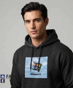 Classic Windows 98 Logo Black Hoodie featuring a retro Microsoft inspired computer graphic on soft cotton apparel, perfect for vintage PC lovers, tech enthusiasts, nostalgic fashion, and casual everyday wear.