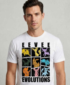 Eevee and Its Complete Evolution Lineup Shirt featuring Eevee and evolution inspired artwork, Pokémon fan design, cute creature graphics, gaming culture, cotton casual tee.