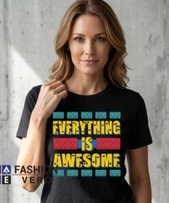 Everything Is Awesome LEGO Building Blocks T-Shirt featuring colorful brick inspired artwork, soft cotton graphic tee, creative builder apparel, casual fan fashion for adults.