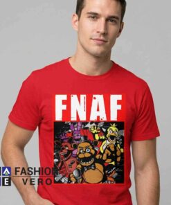 FNAF Classic Animatronics Squad Graphic Shirt featuring classic animatronic characters, Five Nights at Freddy's inspired horror game artwork, gaming fandom style, and cotton casual apparel.
