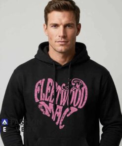Fleetwood Mac Retro Pink Heart Band Logo Tee Hoodie featuring a vintage pink heart band emblem, classic rock aesthetic, retro music artwork, and casual cotton apparel for fans.