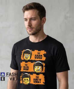 The Good, The Bad, and The Lego Cop Shirt featuring a playful brick toy cop design, western movie parody style, funny pop culture artwork, and comfortable cotton casual apparel.