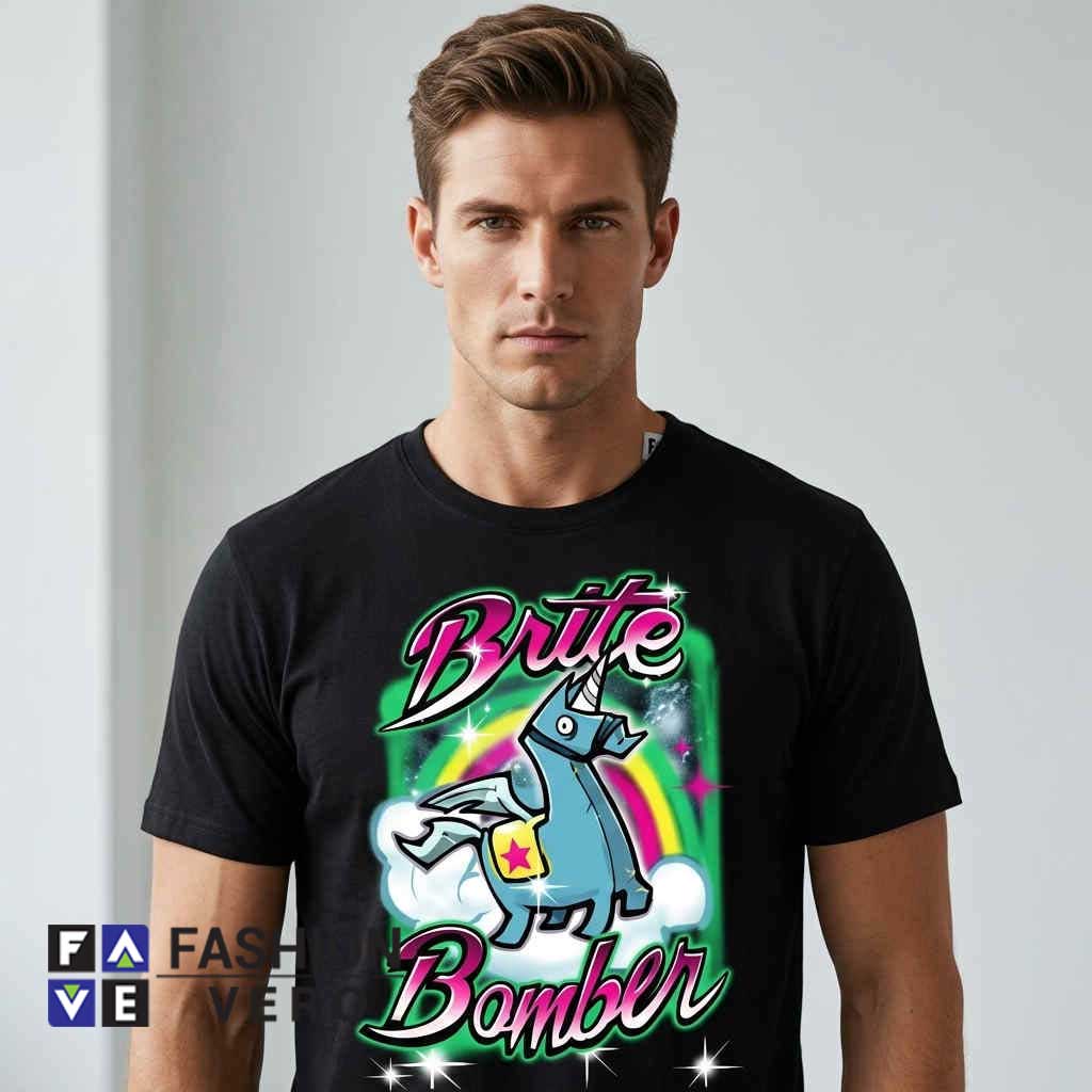 Unisex Fortnite Brite Bomber Unicorn Graphic Art 1 Unisex Fortnite Brite Bomber Unicorn Graphic Art Shirt featuring colorful gaming inspired artwork on a premium cotton tee for gamers, Fortnite fans, casual wear, gifts, and everyday streetwear.