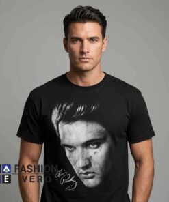 Vintage Elvis Presley Portrait Shirt featuring retro rock and roll portrait artwork, classic music icon aesthetic, vintage celebrity graphic, cotton short sleeve tee for casual fashion.
