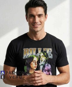 Billie Eilish Concert Portrait Montage Music Fan Merch Shirt featuring a portrait montage design on soft cotton, perfect for music fans, concert outfits, pop culture style, and casual wear.