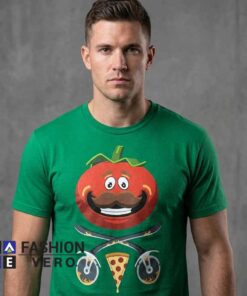 Epic Tomatohead Crossed Pizza Cutters Shirt featuring funny tomato character style, pizza-inspired artwork, food humor, cotton casual tee, playful apparel, and everyday streetwear appeal.