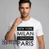 New York Milan London Paris typography shirt featuring stylish city names, urban lettering, travel-inspired fashion, cotton short sleeve tee, and modern metropolitan graphic design