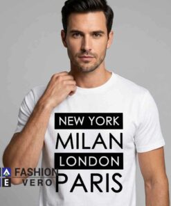 New York Milan London Paris typography shirt featuring stylish city names, urban lettering, travel-inspired fashion, cotton short sleeve tee, and modern metropolitan graphic design
