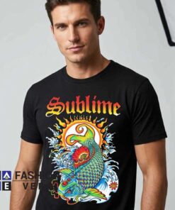 Psychedelic Sublime sun and koi artwork shirt featuring colorful fish imagery, retro psychedelic graphics, alternative music style, cotton short sleeve tee, and bold streetwear fashion