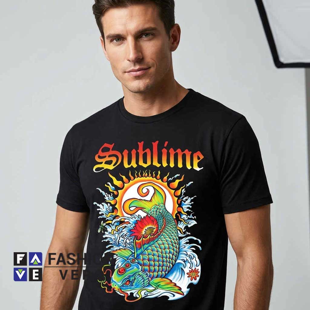 Psychedelic Sublime Sun & Koi Artwork Shirt 1 Psychedelic Sublime sun and koi artwork shirt featuring colorful fish imagery, retro psychedelic graphics, alternative music style, cotton short sleeve tee, and bold streetwear fashion