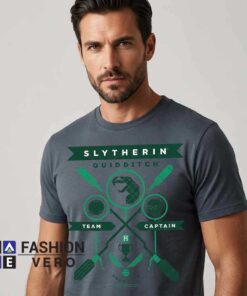 Vintage Slytherin Quidditch Team Captain Shirt featuring magical sports artwork, wizarding school aesthetics, green house-inspired style, fantasy fandom, vintage character art, and cotton tee.