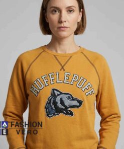 Yellow Harry Potter Hufflepuff Sweatshirt featuring house inspired design, magical wizarding apparel, cotton fabric, casual fan fashion, yellow styling, and comfortable everyday wear.